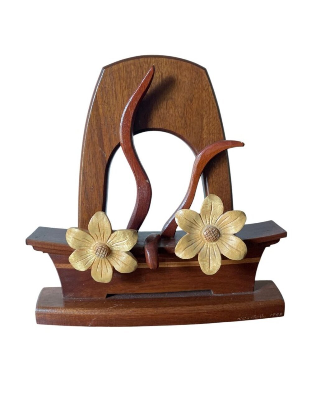 90's Hand Carved Wood Sculpture Art Piece Floral Intarsia Artisan - Picture 2 of 11